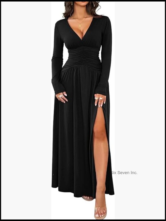 Dresses & Skirts - Long Sleeve Formal Dress, Deep V Neck High Slit Ruched Maxi Dress for Women